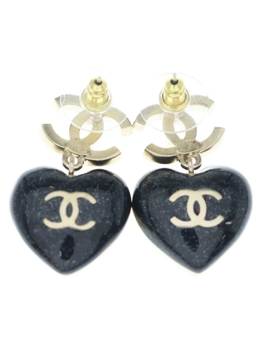 Chanel CC Logo Heart Rhinestone Earrings Gold Black